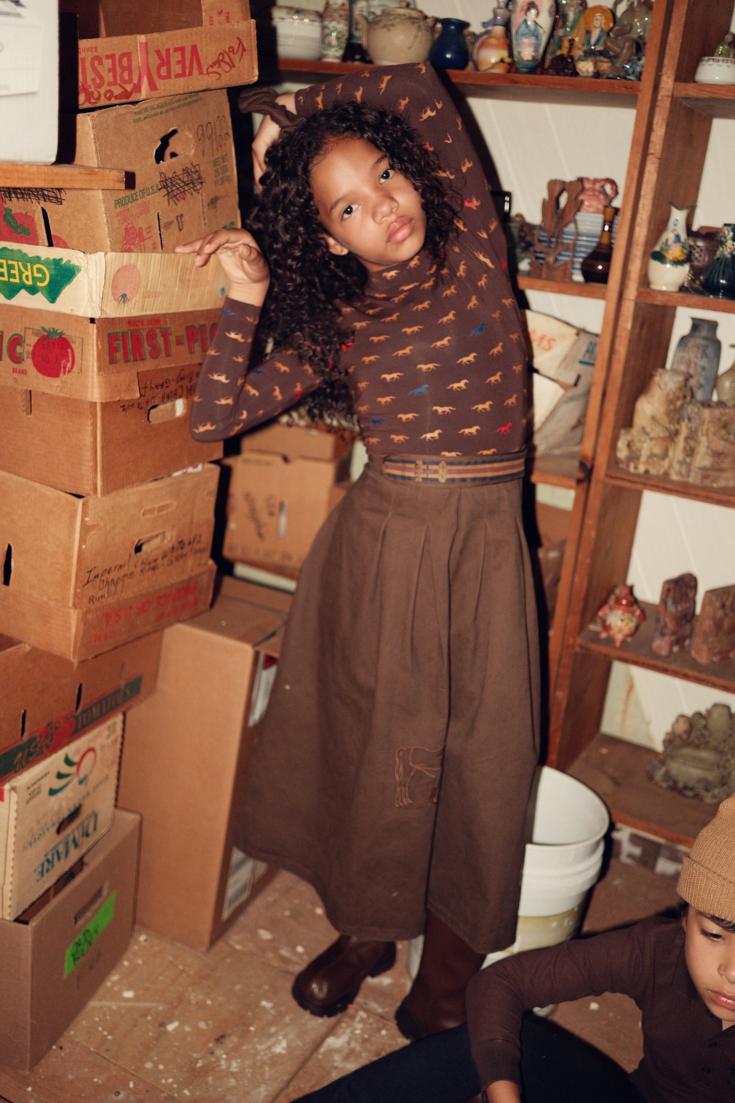 BACE COLLECTION BROWN DENIM EMBROIDERED PLEAT SKIRT