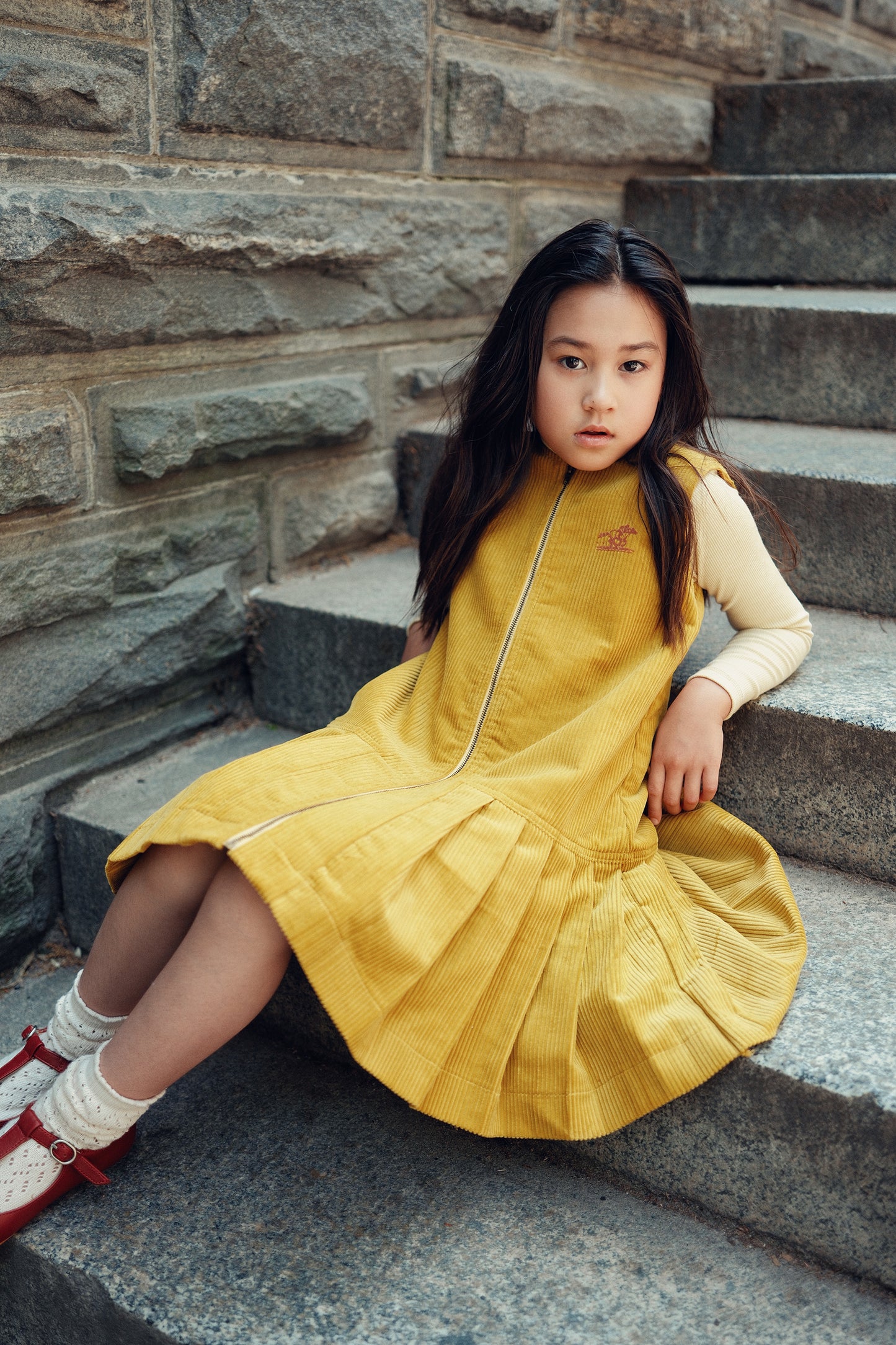 COTTIER MUSTARD CORDUROY DROP WAIST PLEAT JUMPER