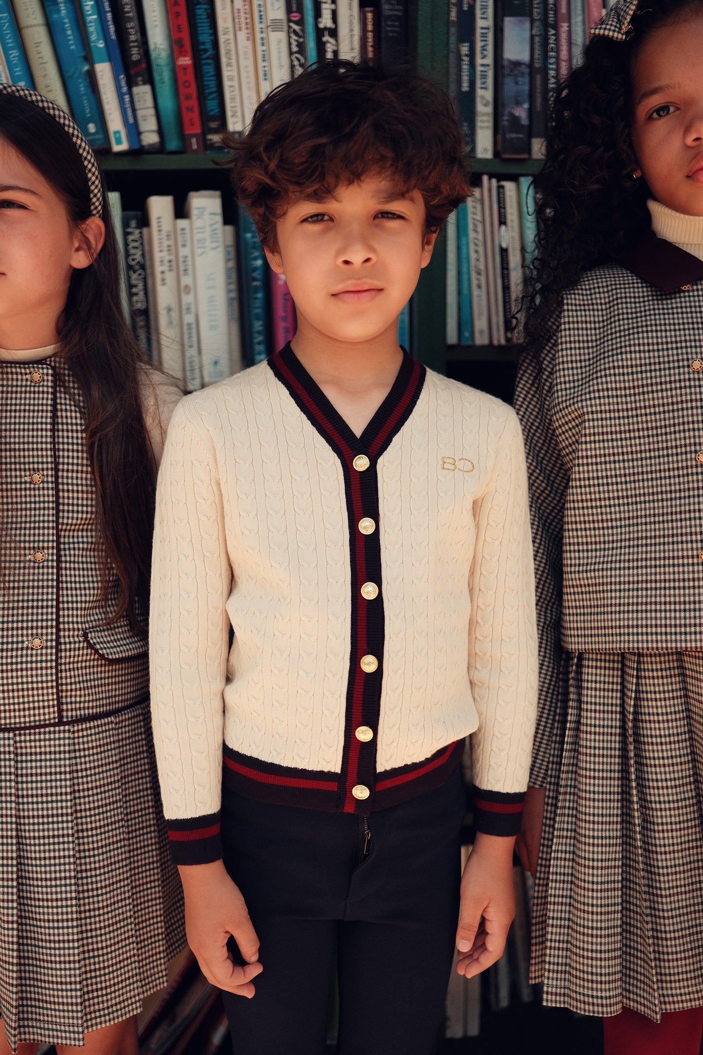 BACE COLLECTION CREAM CABLE KNIT STRIPE TRIM CARDIGAN