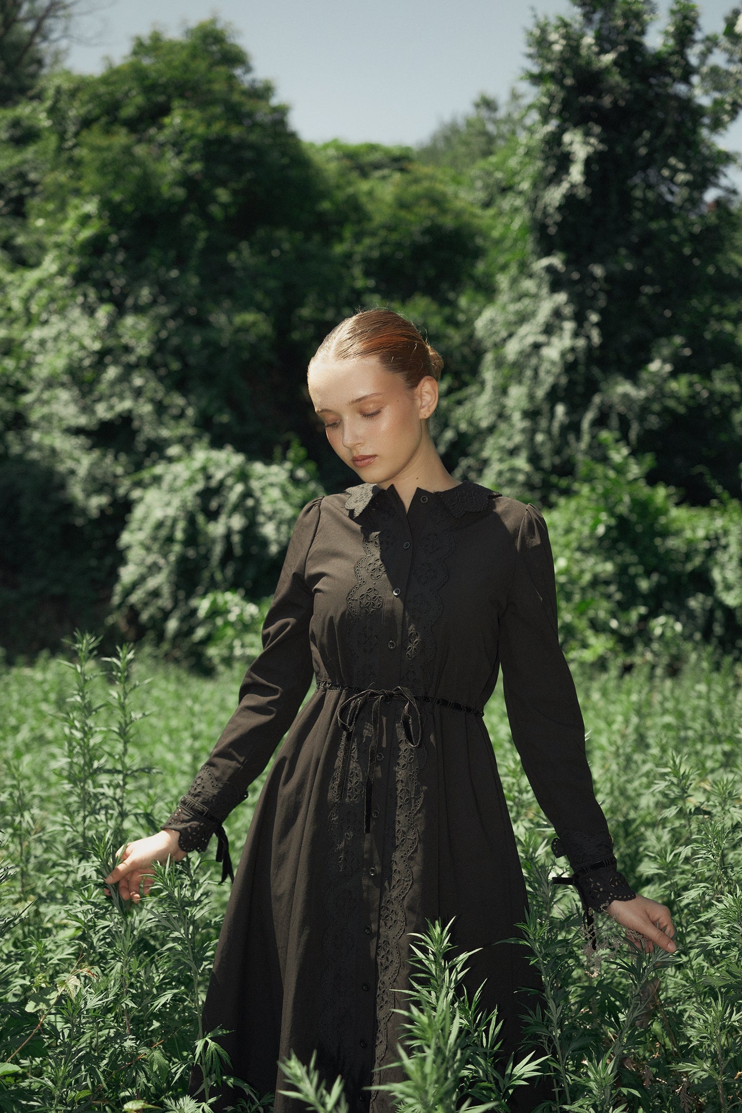 VALENTINA BLACK VELVET RIBBON EYELET DRESS
