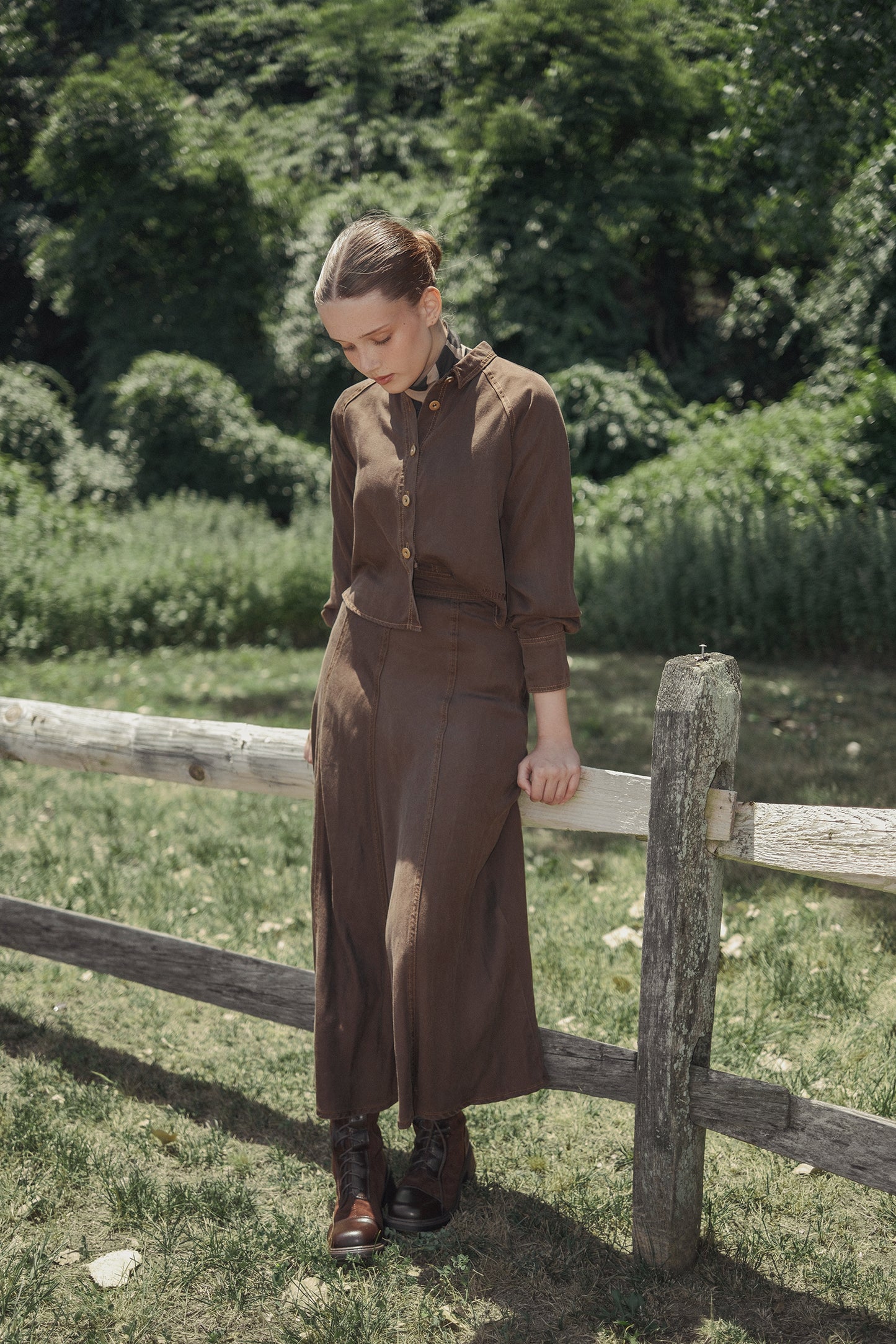 VALENTINA BROWN DENIM CONTRAST SEAM MAXI SKIRT