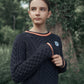 VALENTINA NAVY CABLE KNIT TRIM CREST SWEATER