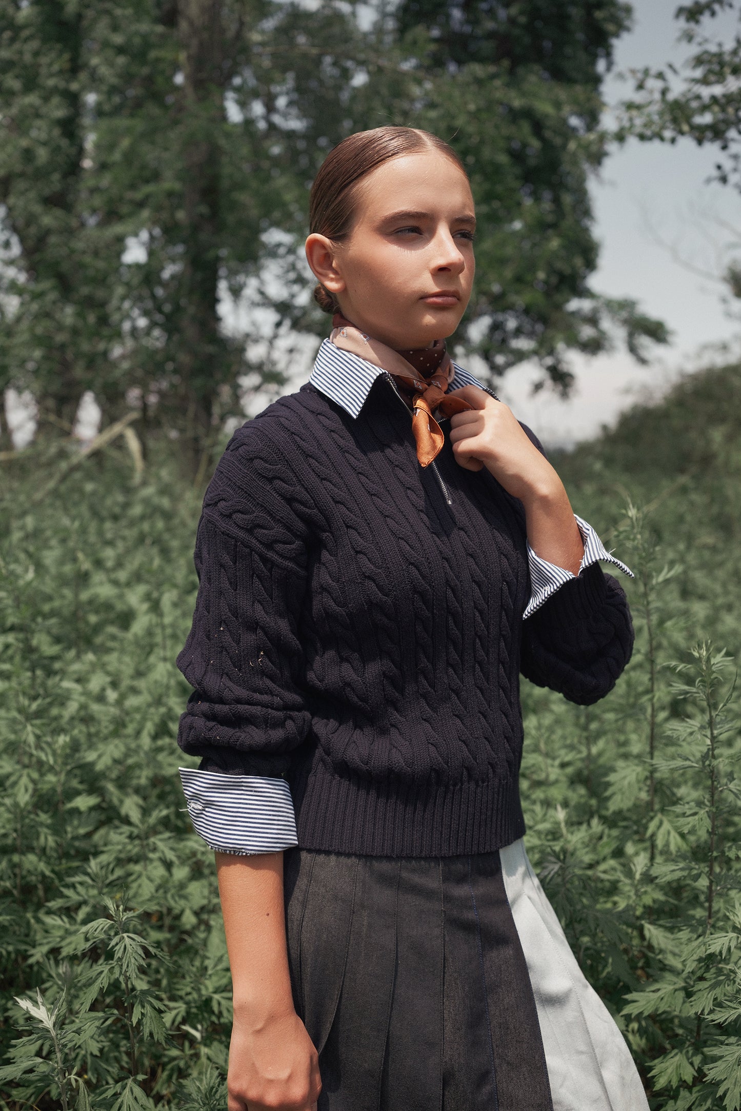 VALENTINA NAVY STRIPE COLLAR CABLE KNIT SWEATER