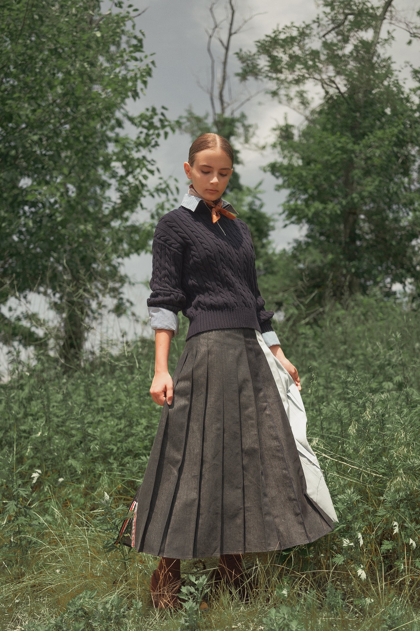 VALENTINA BLACK MIX DENIM PLEATED SKIRT