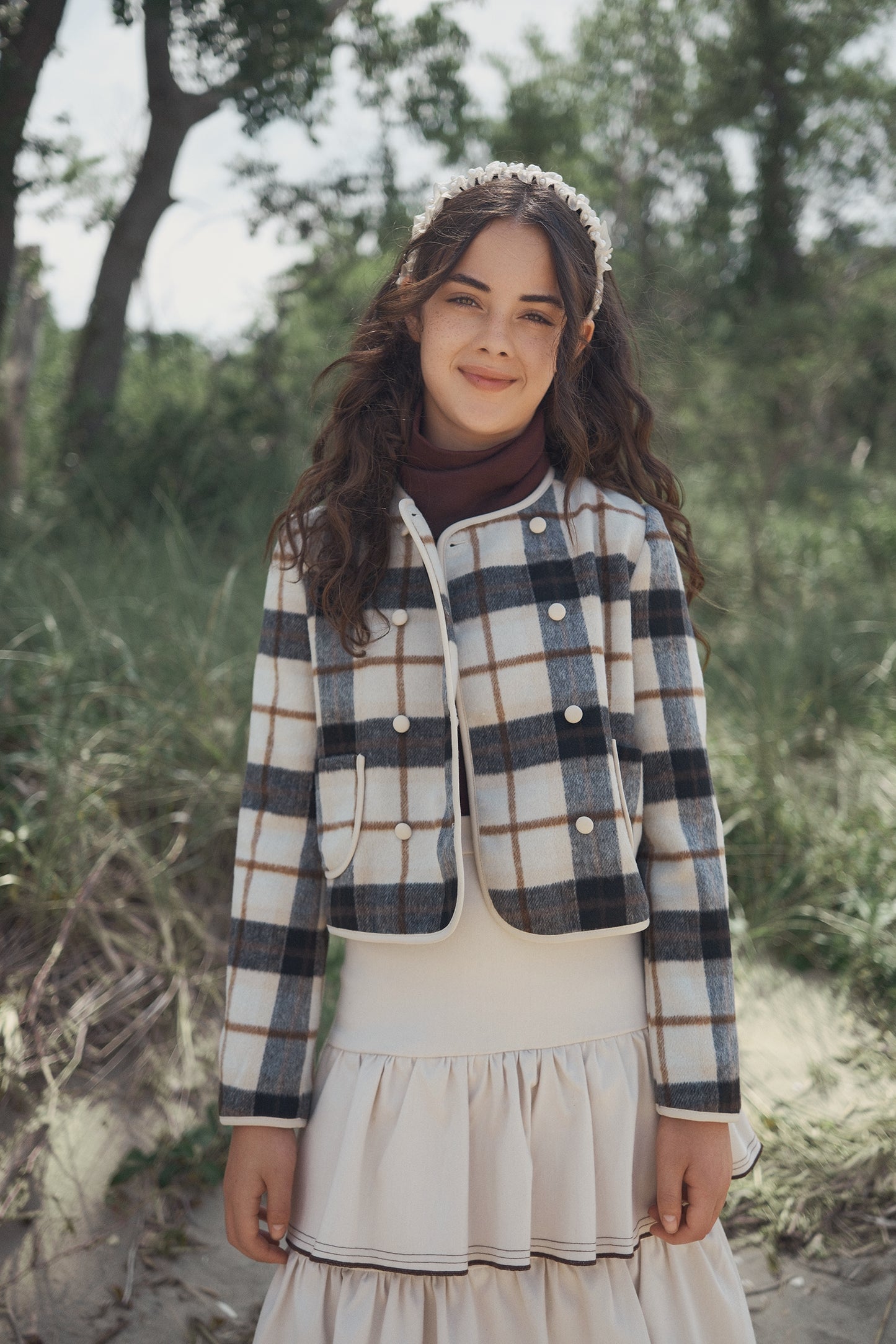 VALENTINA BEIGE PLAID CREWNECK BLAZER