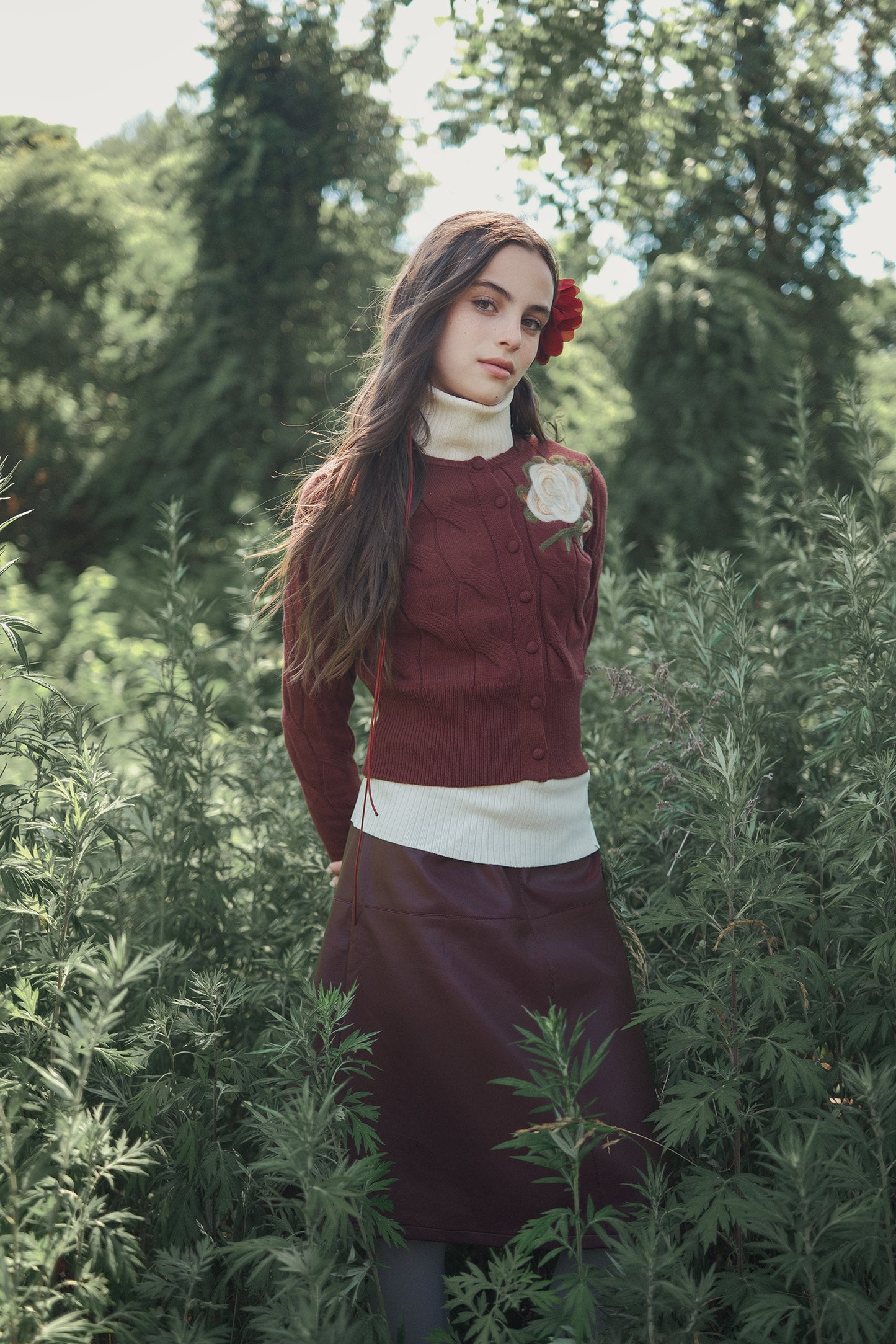 VALENTINA BURGUNDY PAINTED CABLE KNIT CARDIGAN