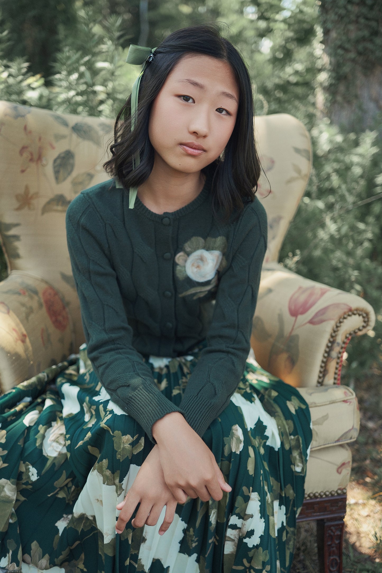 VALENTINA GREEN PAINTED CABLE KNIT CARDIGAN