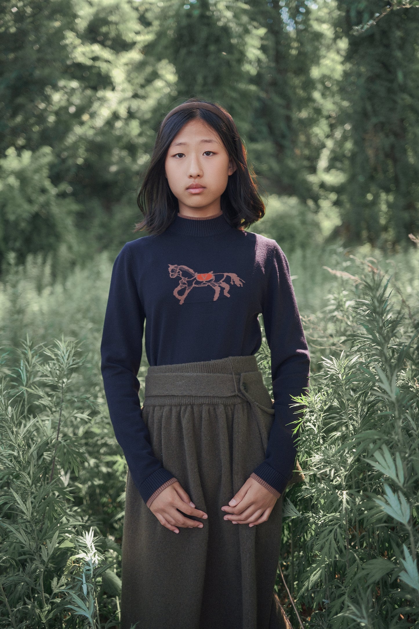 VALENTINA NAVY HORSE PRINT KNIT TURTLENECK