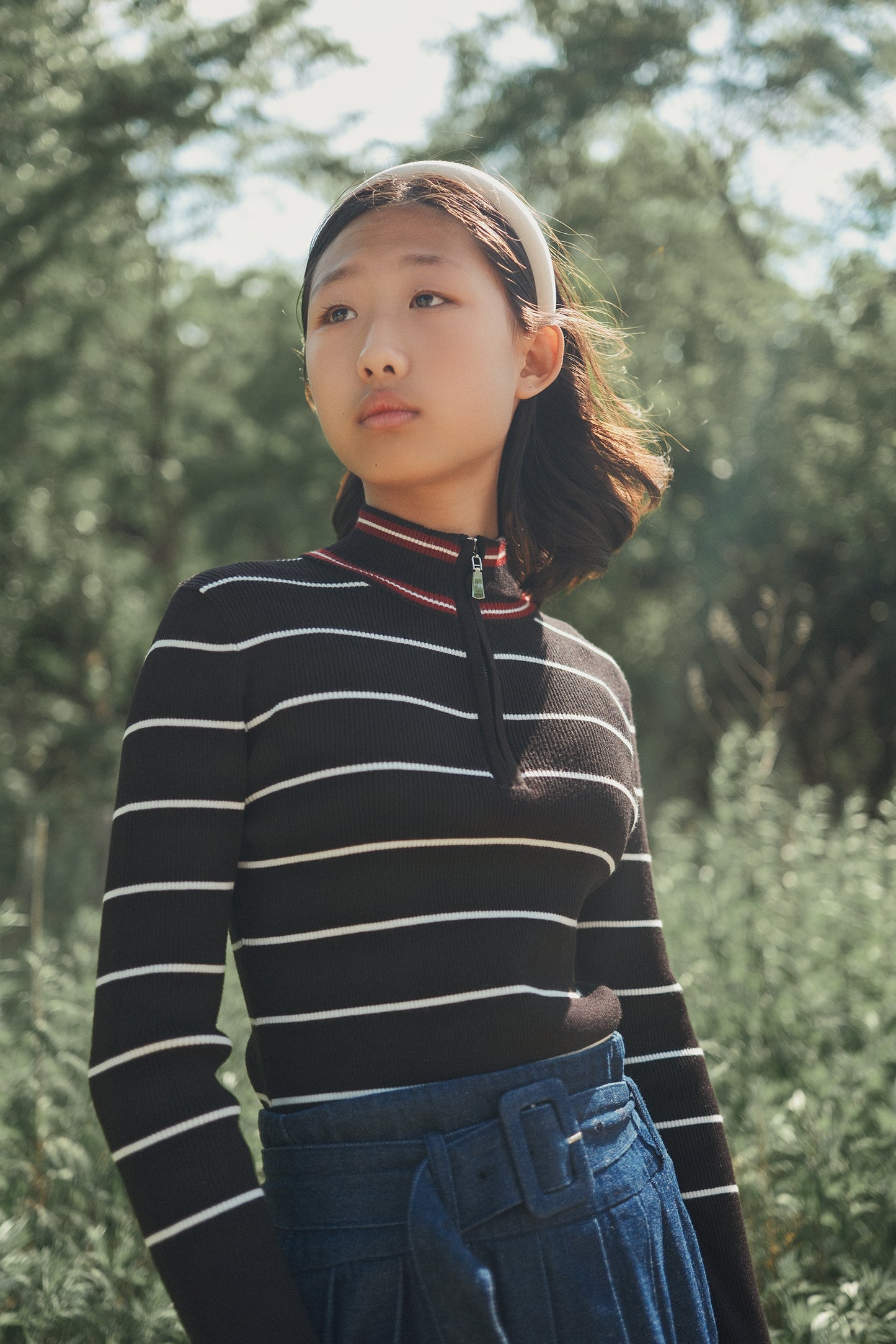 VALENTINA BLACK STRIPE HALF ZIP KNIT TURTLENECK SWEATER