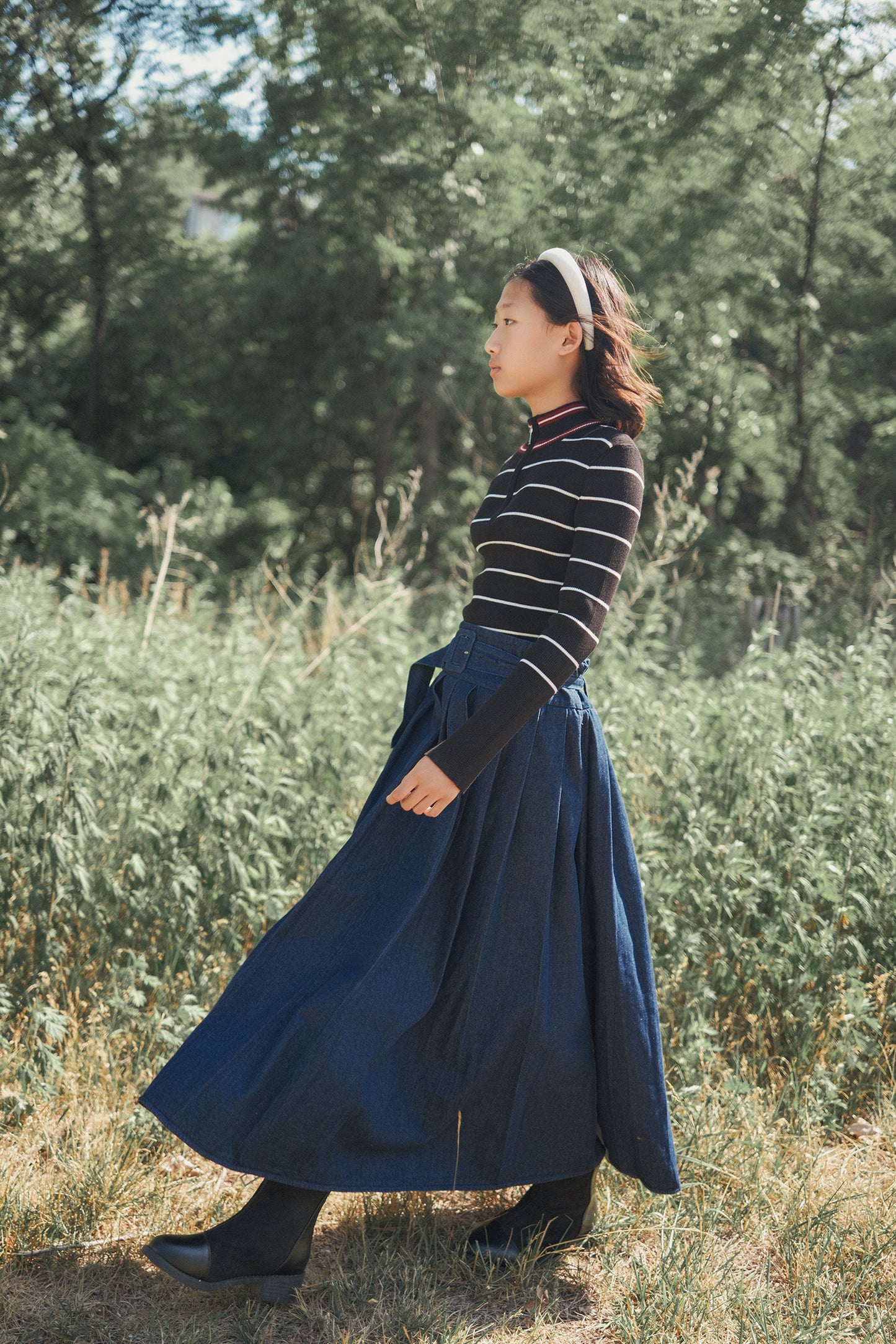 VALENTINA BLUE DENIM BUCKLE PLEATED MAXI SKIRT