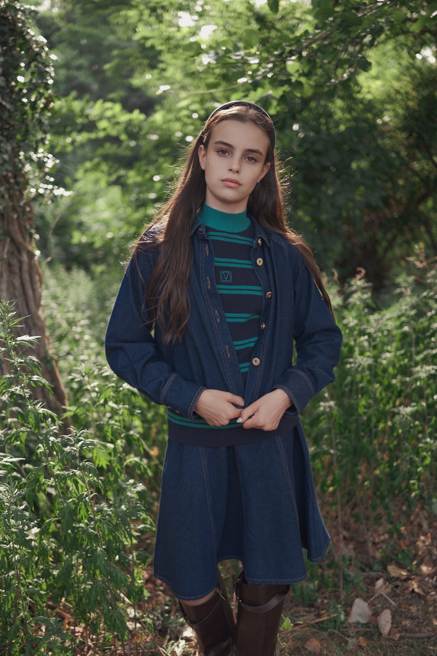 VALENTINA BLUE DENIM CONTRAST SEAM CROP BLOUSE
