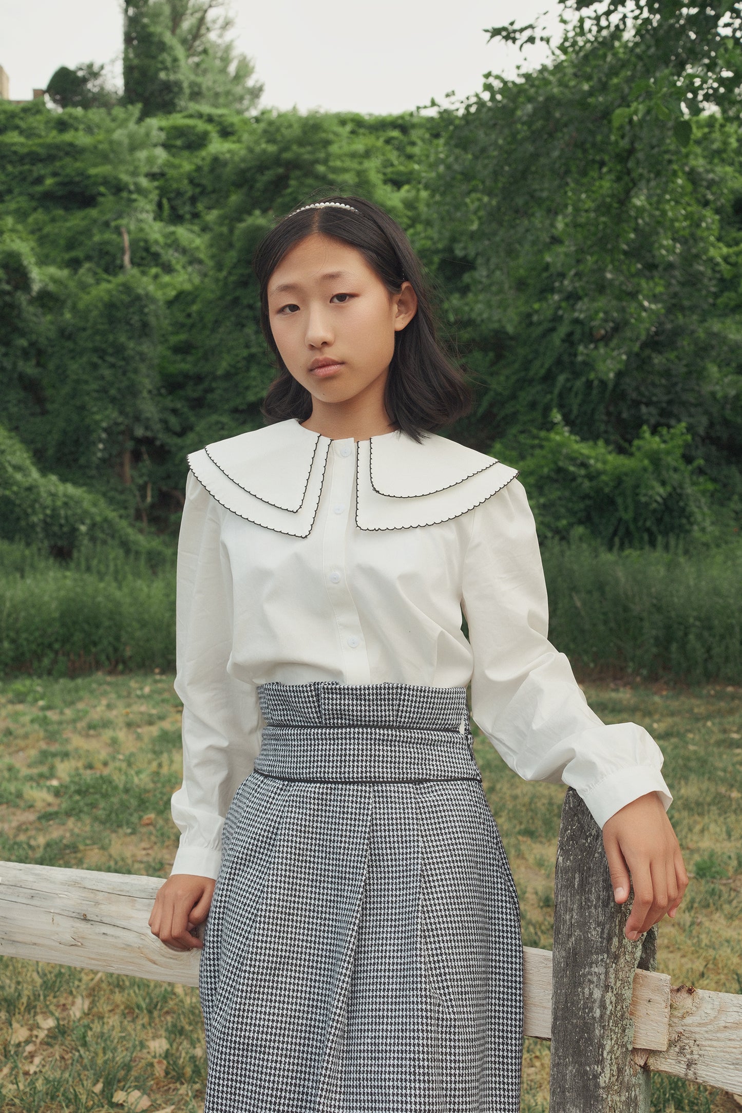 VALENTINA BLACK/WHITE HOUNDSTOOTH PLEATED TRIM SKIRT