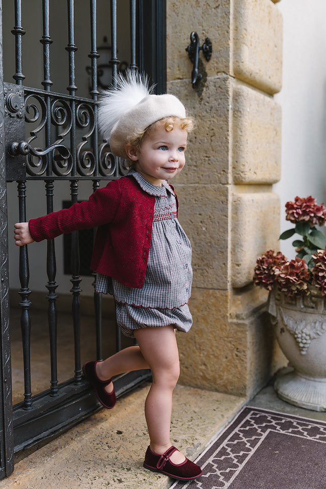 ANALOGIE GREY SMOCKED PLAID BLOOMER SET