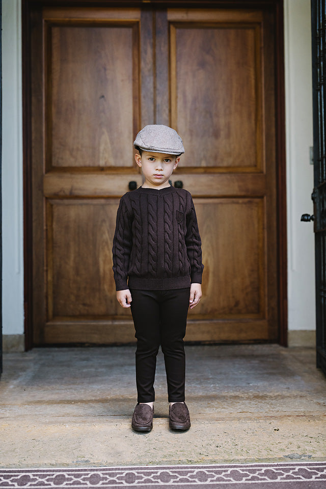 ANALOGIE CHOCOLATE BROWN CHUNKY V NECK SWEATER