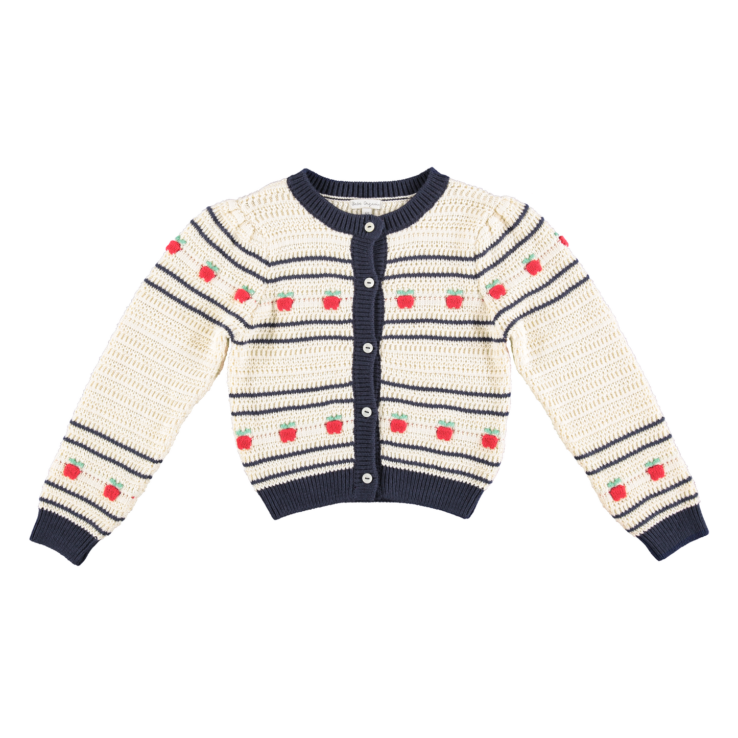 BEBE ORGANIC BEIGE/NAVY APPLE CROCHET KNIT CARDIGAN