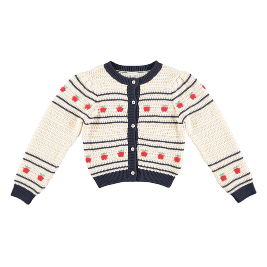 BEBE ORGANIC BEIGE/NAVY APPLE CROCHET KNIT CARDIGAN