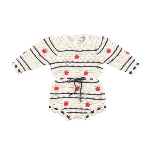 BEBE ORGANIC BEIGE/NAVY APPLE CROCHET KNIT ROMPER