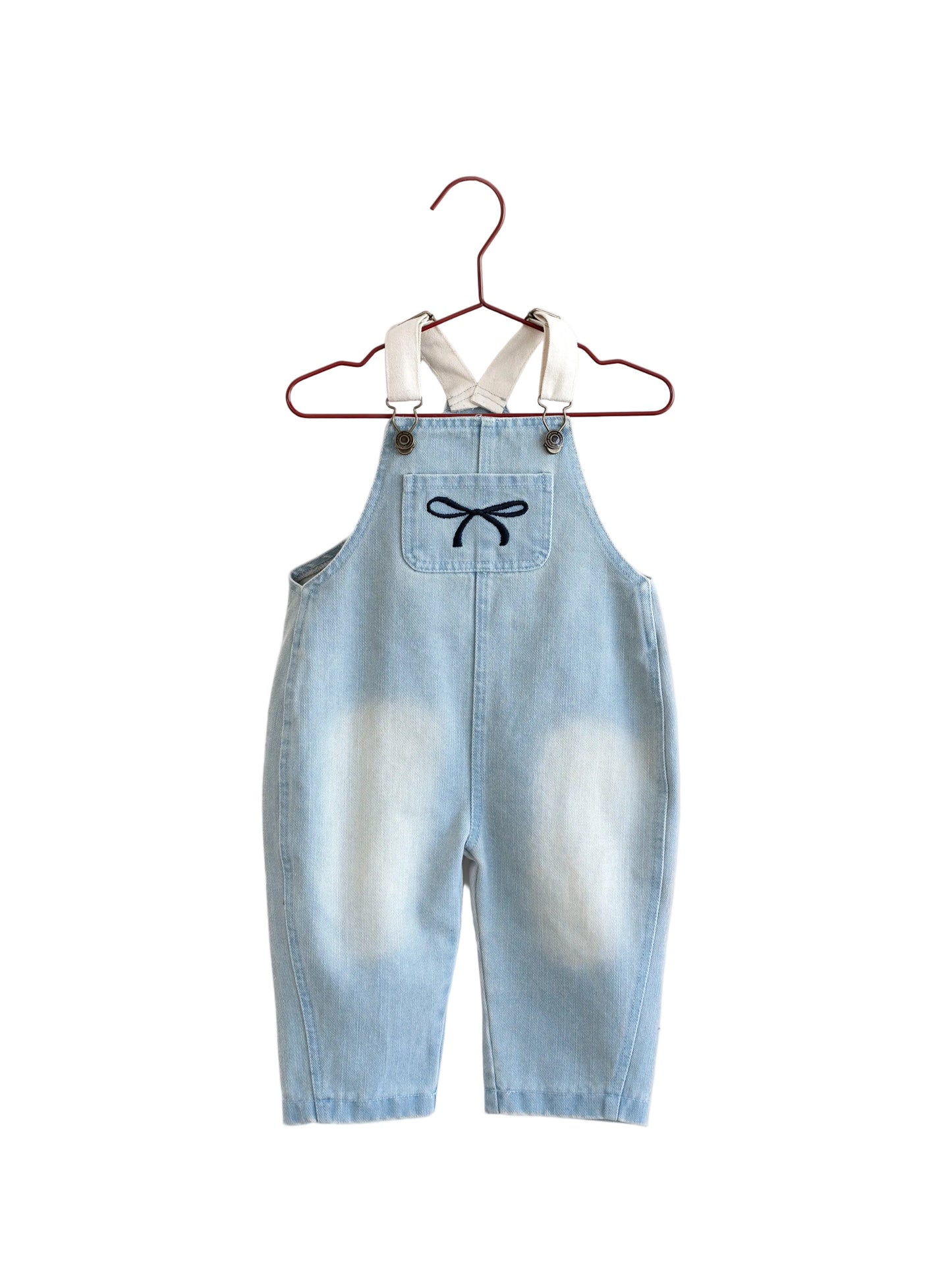 PLEASE MOM BLUE DENIM BOW BARREL OVERALLS