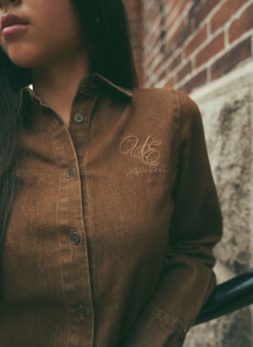 URBAN EDGE BROWN DENIM BUTTON DOWN SHIRT