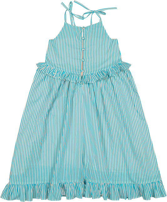 LOUIS LOUISE BLUE STRIPE RUFFLE TRIM DRESS