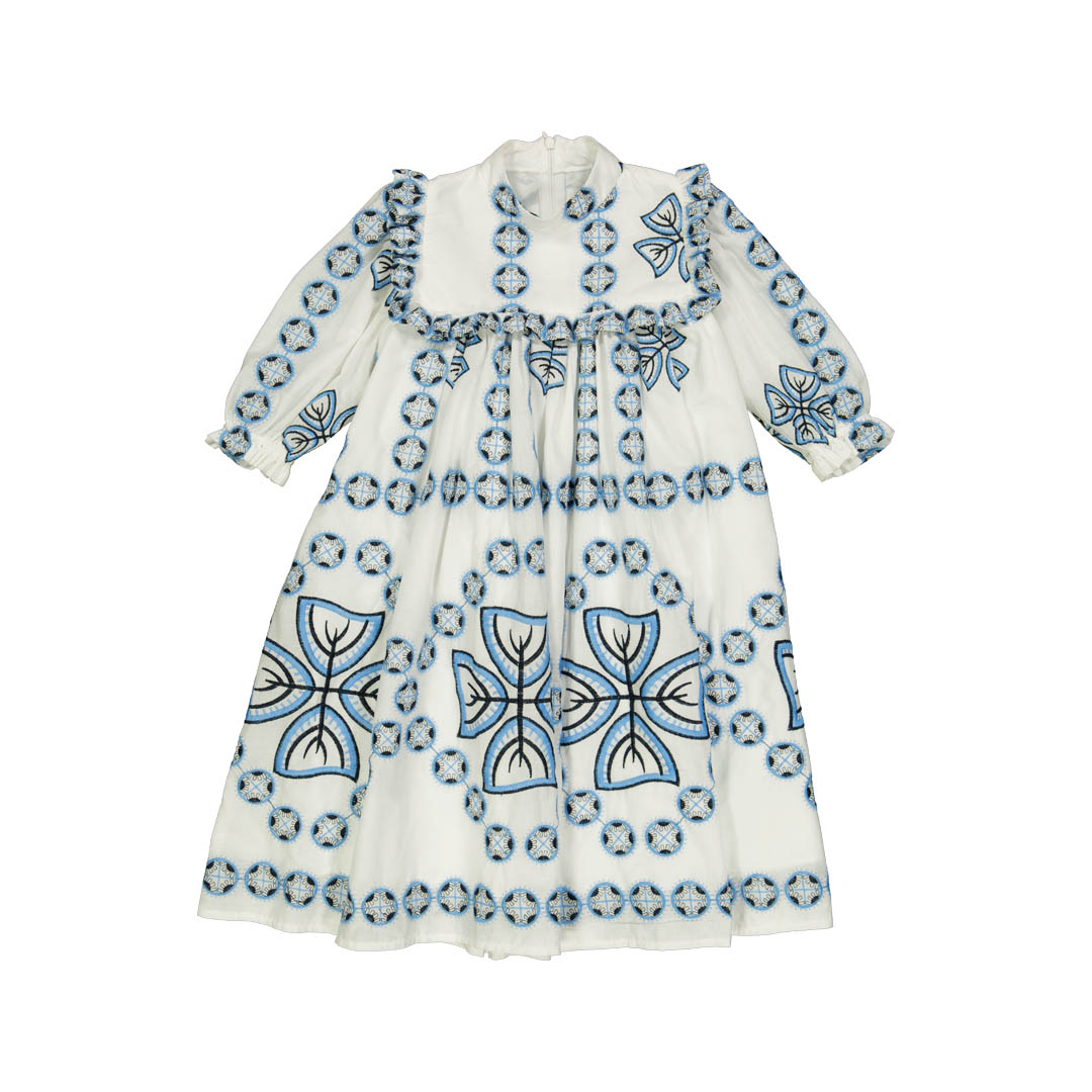 OLIVIA ROHDE WHITE/BLUE CIRCLE DESIGN DRESS