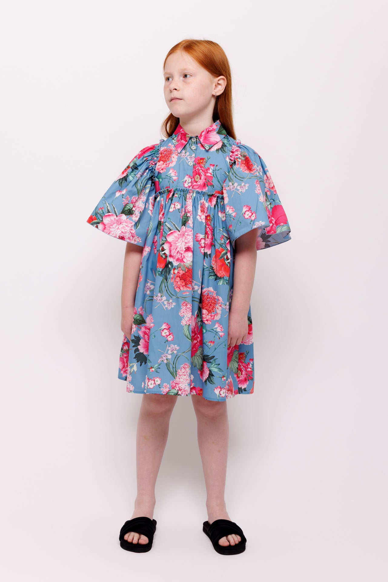 CHRISTINA ROHDE BLUE/PINK FLORAL FLUTTER SLEEVE DRESS [FINAL SALE]