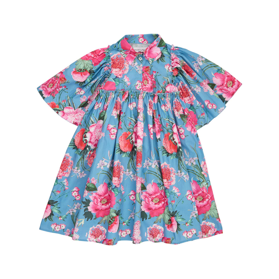 CHRISTINA ROHDE BLUE/PINK FLORAL FLUTTER SLEEVE DRESS [FINAL SALE]