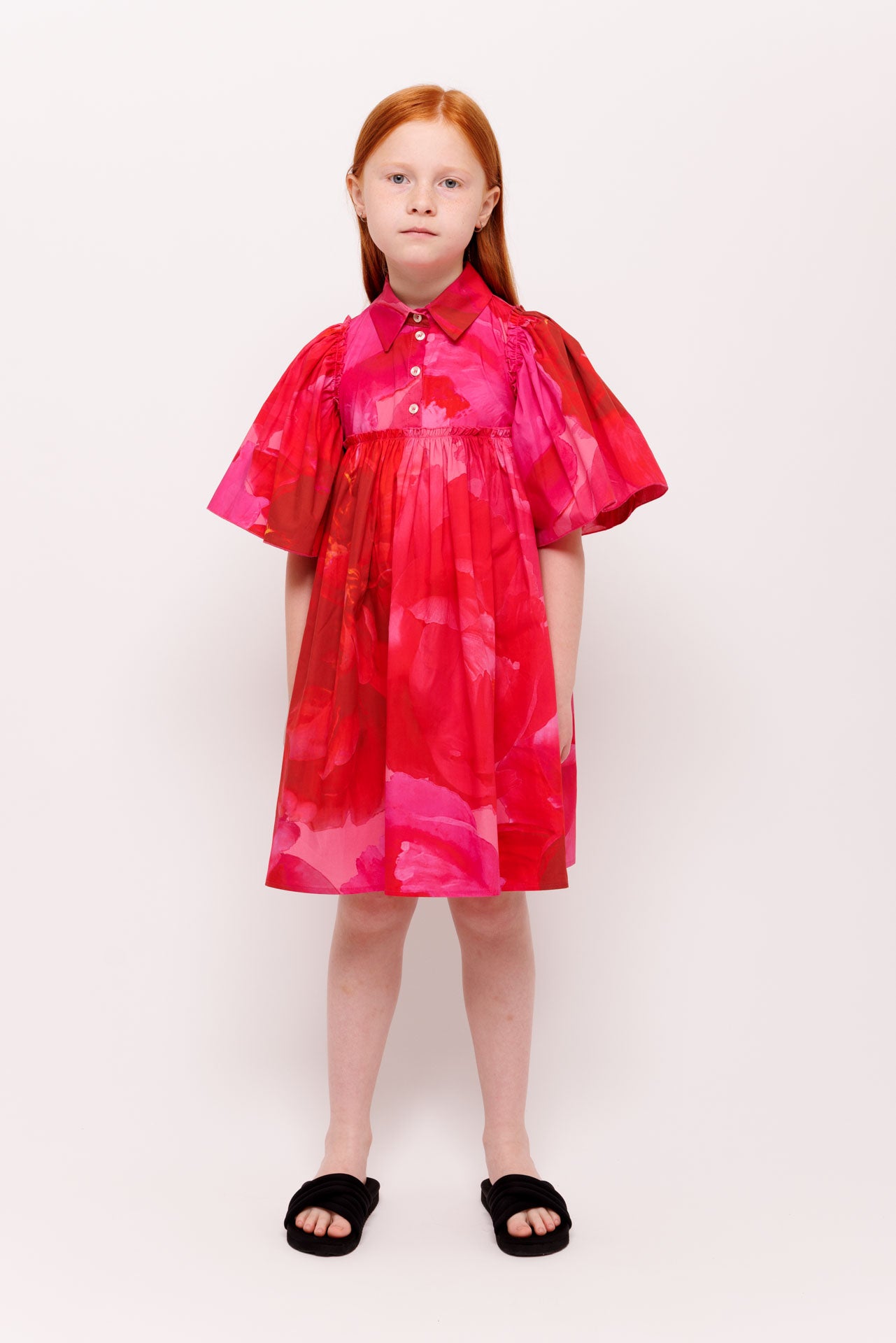 CHRISTINA ROHDE HOT PINK FLORAL FLUTTER SLEEVE DRESS [FINAL SALE]