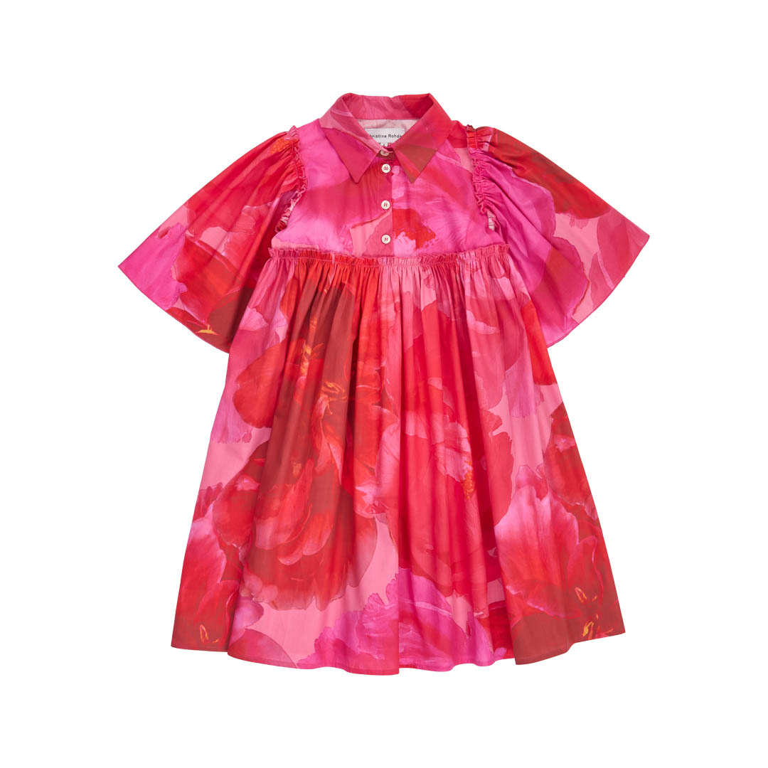 CHRISTINA ROHDE HOT PINK FLORAL FLUTTER SLEEVE DRESS [FINAL SALE]