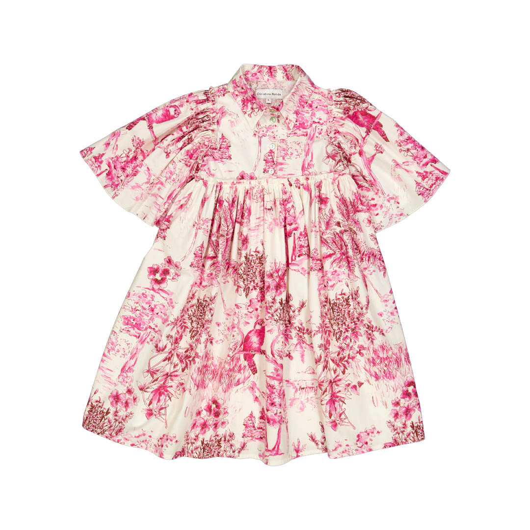 CHRISTINA ROHDE WHITE/PINK FLORAL FLUTTER SLEEVE DRESS