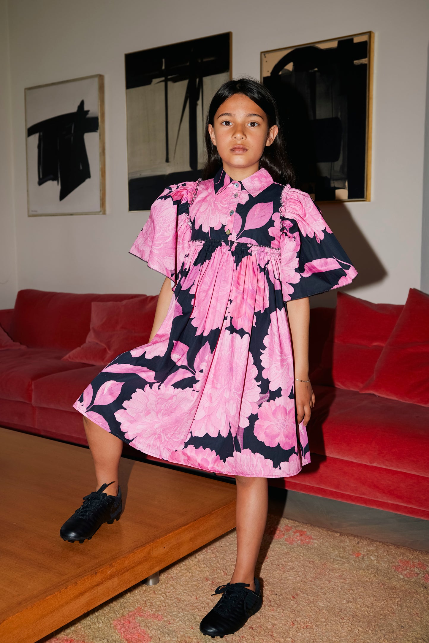 CHRISTINA ROHDE BLACK/MAGENTA PUFF SLEEVE COLLAR DRESS