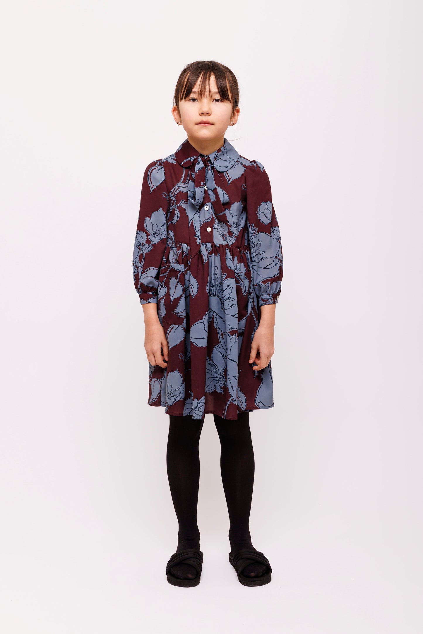 OLIVIA ROHDE BLACK/DUSTY BLUE ALLOVER PRINT COLLARED DRESS
