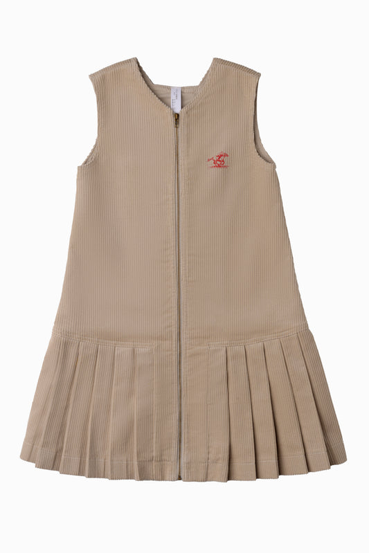 COTTIER OATMEAL CORDUROY DROP WAIST PLEAT DRESS