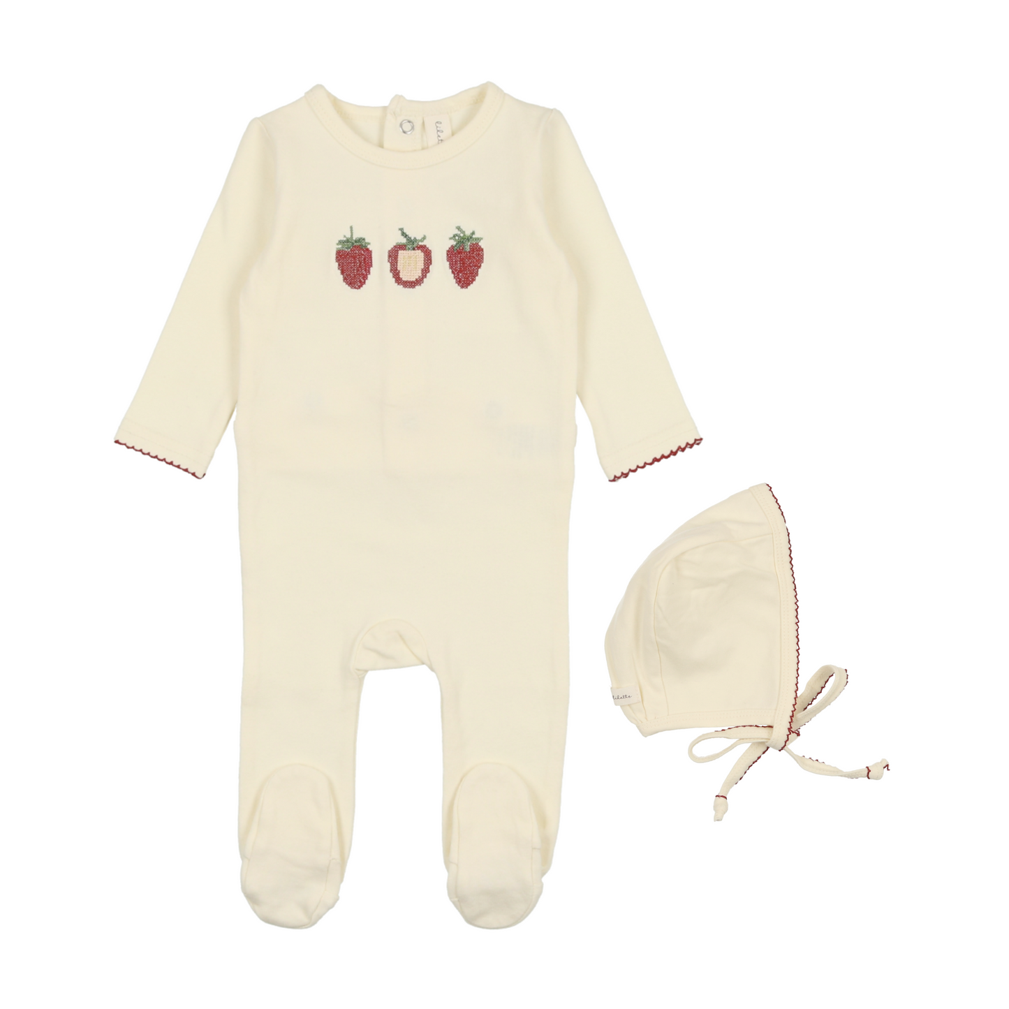 LILETTE IVORY/STRAWBERRY EMBROIDERED FRUIT FOOTIE SET