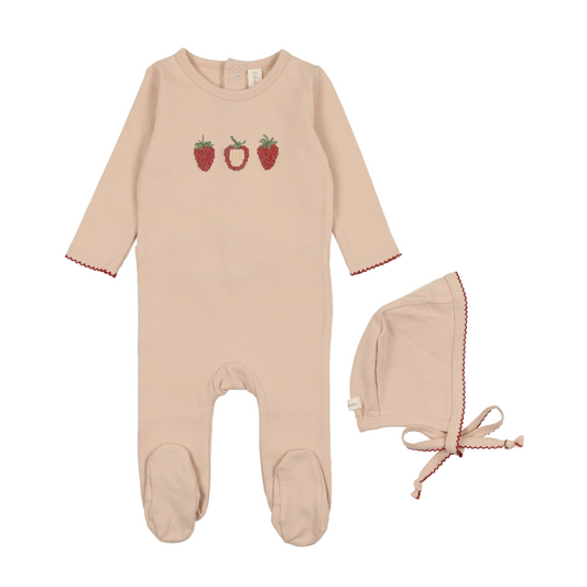 LILETTE PEACH/STRAWBERRY EMBROIDERED FRUIT FOOTIE SET