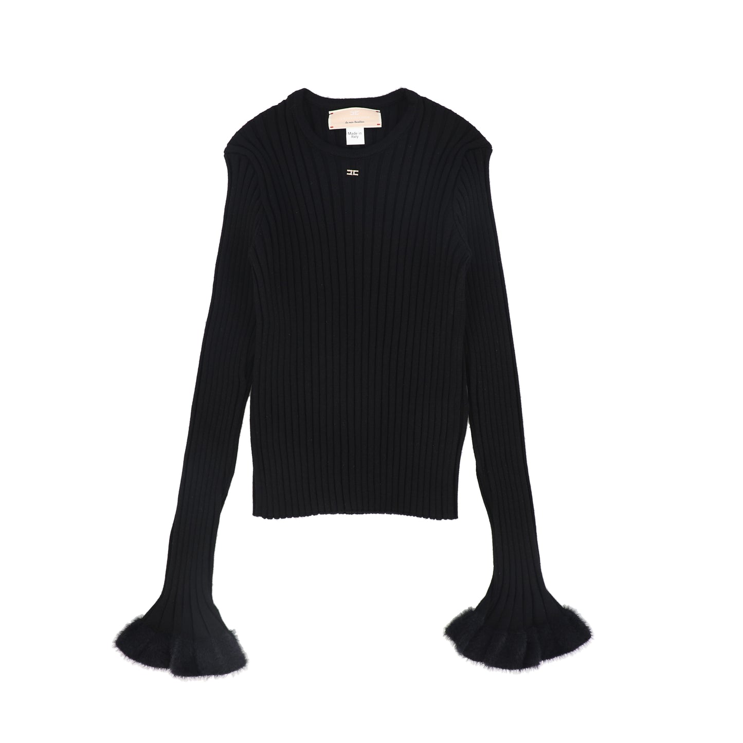 ELISABETTA FRANCHI BLACK FUR TRIM RIBBED SWEATER