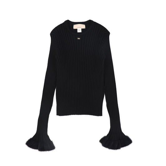 ELISABETTA FRANCHI BLACK FUR TRIM RIBBED SWEATER