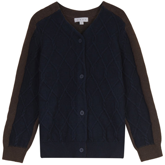 MANN NAVY TWO TONE ARGYLE CABLE KNIT CARDIGAN
