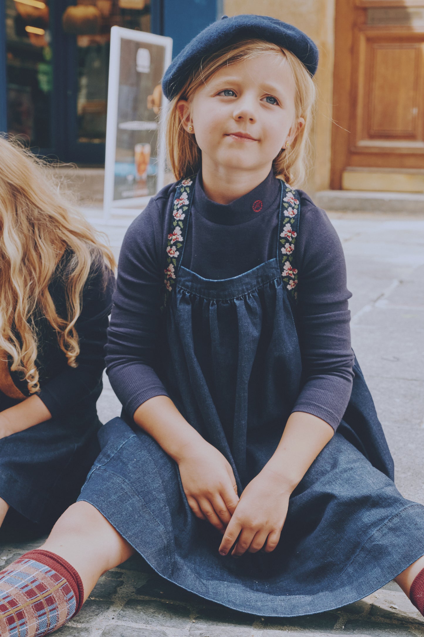 MADELEINE NAVY RIBBED EMBROIDERED MOCKNECK