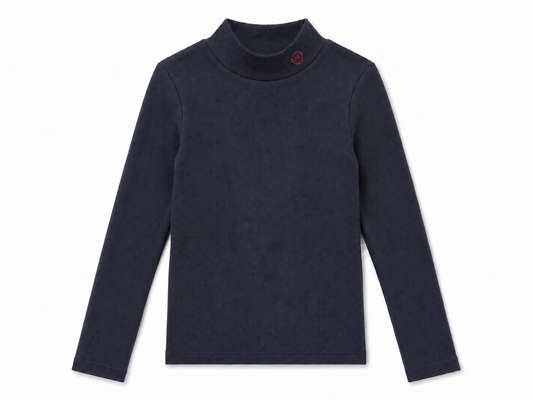 MADELEINE NAVY RIBBED EMBROIDERED MOCKNECK