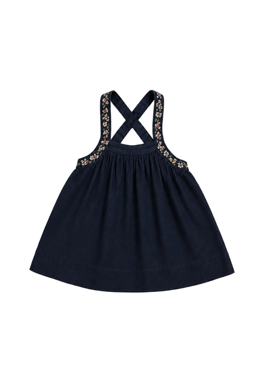 MADELEINE DARK BLUE DENIM EMBROIDERED FLORAL PINAFORE DRESS