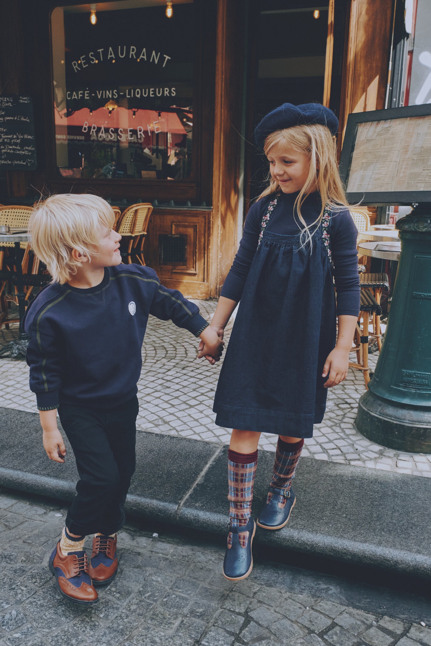 MADELEINE DARK BLUE DENIM EMBROIDERED FLORAL PINAFORE DRESS