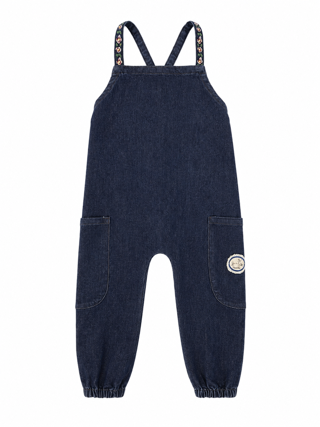 MADELEINE DARK BLUE DENIM EMBROIDERED FLORAL OVERALLS