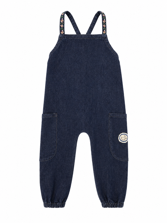 MADELEINE DARK BLUE DENIM EMBROIDERED FLORAL OVERALLS