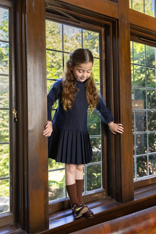 ELLE RAE NAVY VELVET DOTTED PLEAT DRESS