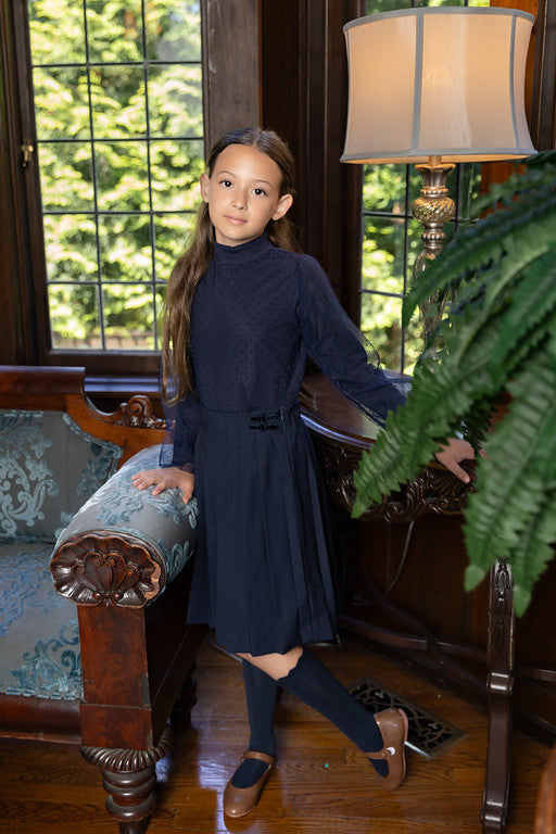 ELLE RAE NAVY VELVET DOTTED PLEAT SET