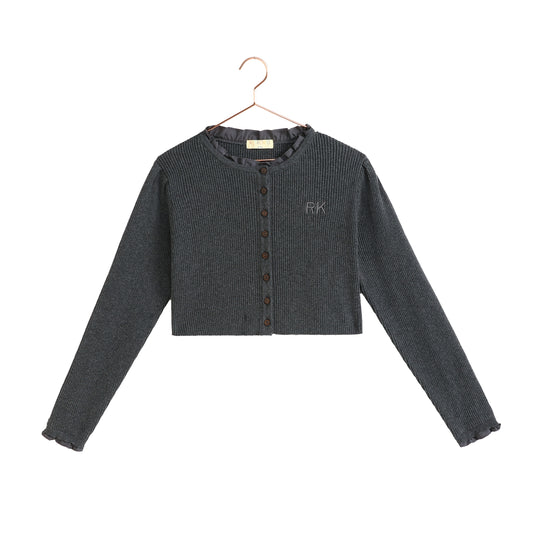 RETRO KID CHARCOAL KNIT RUFFLE TRIM CROP CARDIGAN