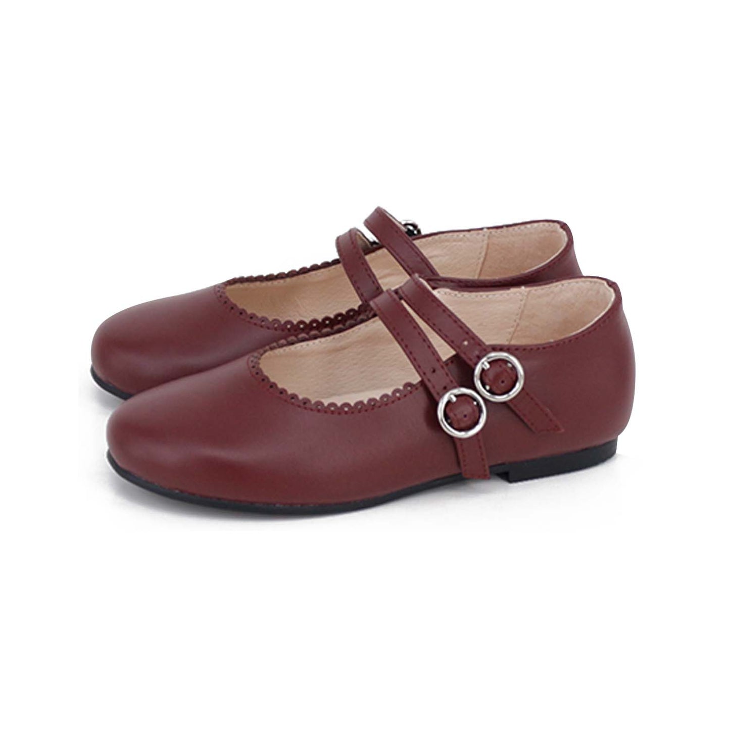 CAMILLE KIDS BURGUNDY SCALLOP TRIM DOUBLE BUCKLE SHOE