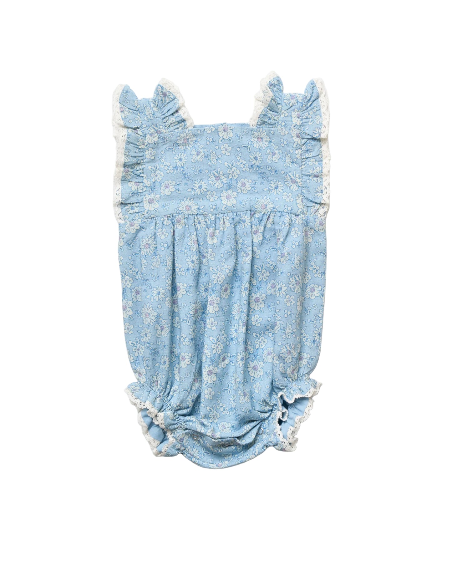 EARLY SUNDAY BLUE FLORAL RUFFLE TRIM ROMPER