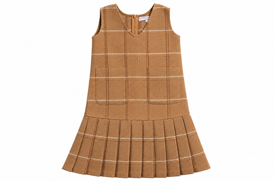 MODE AVANT CAMEL PLAID DROP WAIST PLEATED WOOL JUMPER